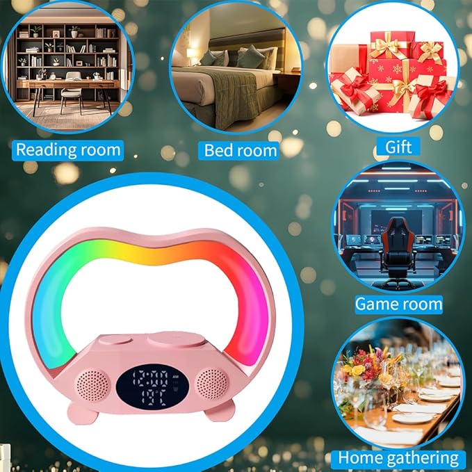 IHAO 6in1 Wireless Charging Station with Bluetooth Speaker Time&Temperature Display Alarm Clock 7-Color LED Night Lights Fast Charger for Phone, Apple Watch, Earbuds Remote Control Auto Shutoff-Pink