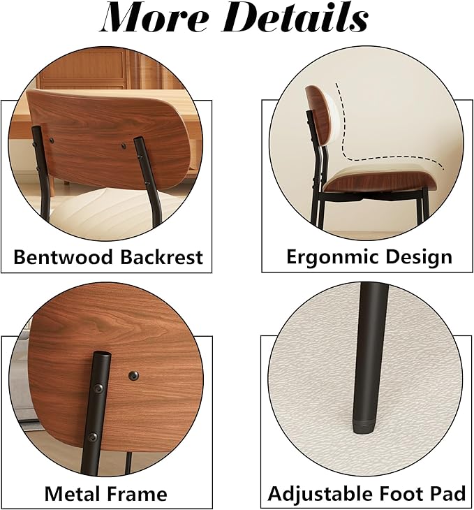 Modern PU Leather Dining Room Chairs Set of 6, Upholstered Kitchen Chairs with Curved Wood Backrest and Metal Legs Adjustable Feet for Kitchen Dining Room(Beige)