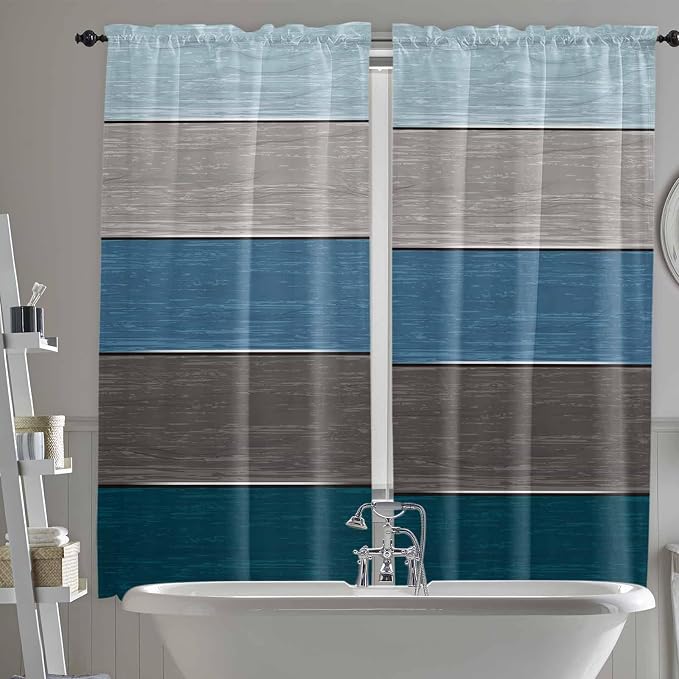 Retro Farm Blue Gray Wood Grain Window Valance Curtains, Rustic Wooden Plank