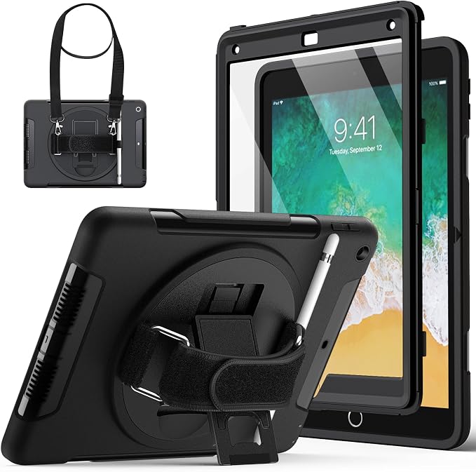 JETech Rugged Case for iPad 6th/5th Gen 9.7 (2018/2017) Black | Built-in Screen Protector 360° Rotating Hand Strap Stand Heavy Duty Shockproof Protection