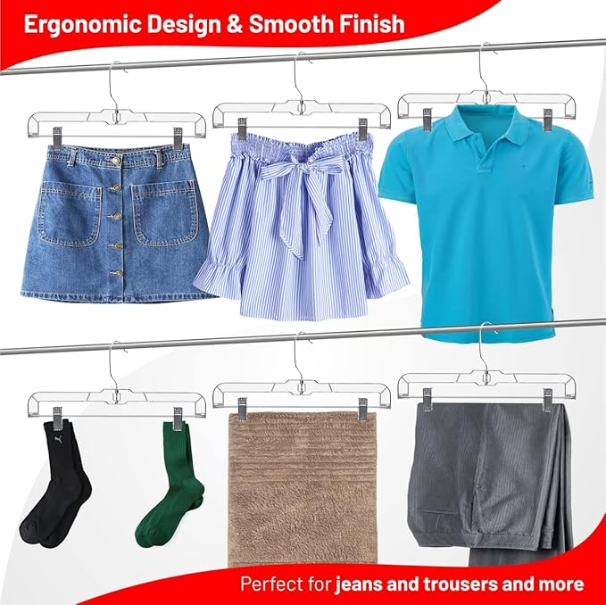 DEILSY™ Skirt Hanger Pants Hangers with Clips Hangers Shorts Hanger Clear Plastic Clothes Hangers with 2-Adjustable Clip Non-Slip Clothes Hangers Perfect for Pant, Pack of 12