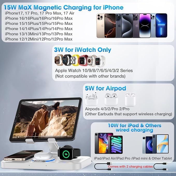 6 in 1 Wireless Charger for Apple Device 30W Foldable Wired Charging for ipad with Clock &amp 7 Color Ambient Light Nightstand Charger Station for iPhone 17