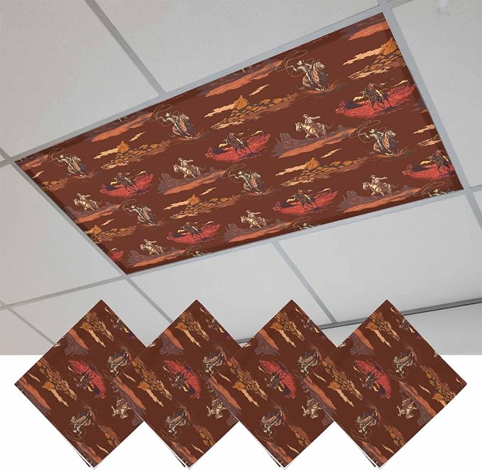 Cowboys Horses 4 Pcs Fluorescent Light Covers 4 x 2 Feet, Desert Ethnic Winds