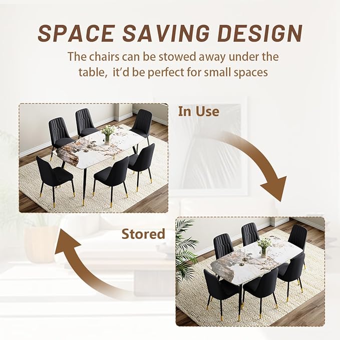 7 Piece Dining Table Set, Dinner Table Set for 6, Sintered Stone Kitchen Table Top and Modern Chairs Set of 6 for Kitchen Dining Room