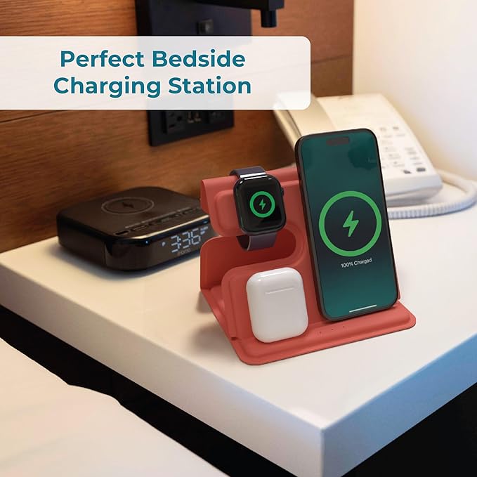 BLACK+DECKER 3 in 1 Charging Station for Apple Multiple Devices, Wireless Foldable Travel Charger for Multiple Devices iPhone 17 16 15 14 13 Pro Max Plus Apple Watch Series/AirPods (Coral Rose)