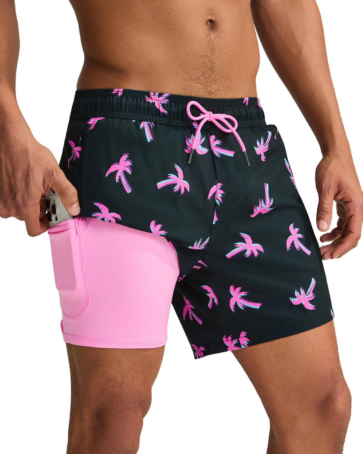 maamgic Mens Swim Trunks with Compression Liner 5 Inch, Quick Dry Bathing Suit with Zipper Pockets, Stretch No-Chafing Swim Shorts, Pink-Black Coconut Tree X-Large