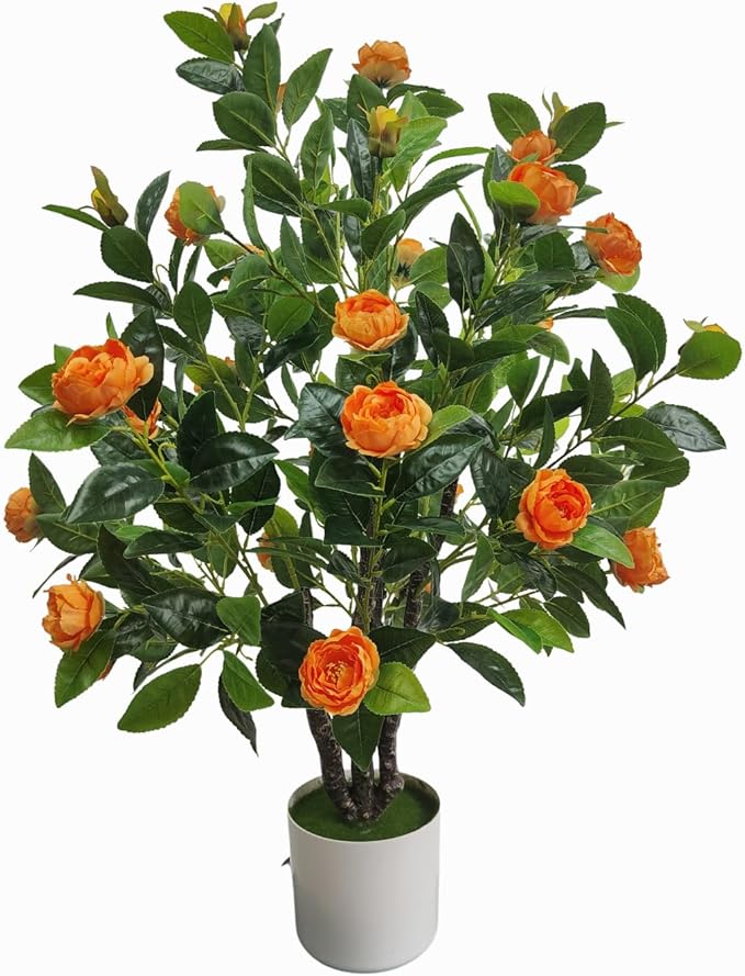 Artificial Camellia Tree 35in Faux Floral Plant with Orange Flowers and Green Leaves - No Maintenance Indoor Outdoor Office Home Porch Decor Housewarming Gift(1 Pack - Orange)