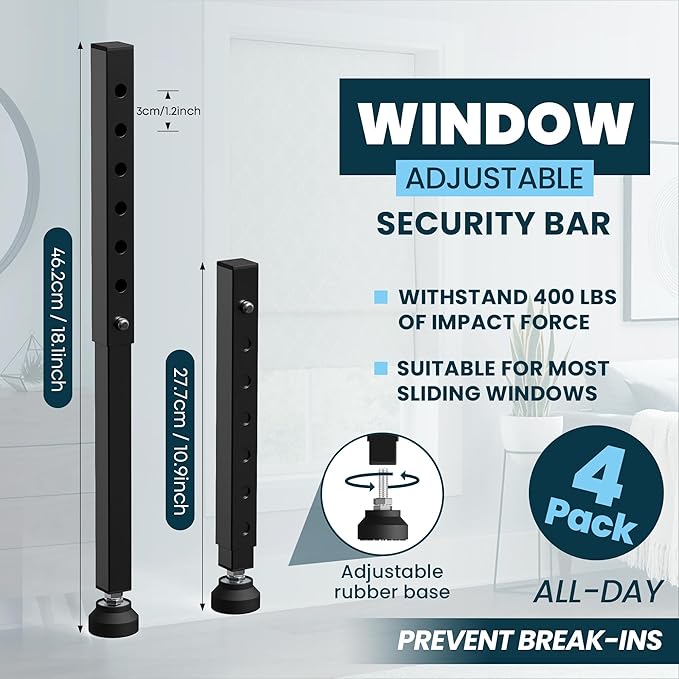 Gadgetzan 4 Pack Window Security Bars Adjustable 11"-18",Portable Short Sliding Window Lock Bar for Child Safety/Anti-Theft,Window safety lock with Rubber Base for Vertical and Horizontal Window-Black