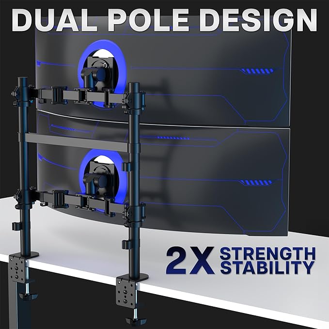 VIVO Clamp-on Double Pole Ultra Wide Monitor Desk Mount for 2 Utrawides up to 57 inches, 59.4 lbs Capacity Each, Low Profile Heavy Duty Vertical Dual Monitor Stand, Black, STAND-257C