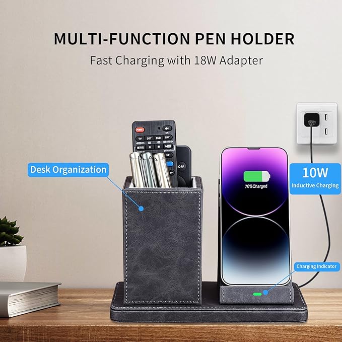 Wireless Charger with Desk Organizer Wireless Charging Station for iPhone 13/13 Pro Max/13 Pro/12 Series/11/XS Max/XR/X/8Plus/SE 2 Wireless Charging Stand with Leather… (Black)