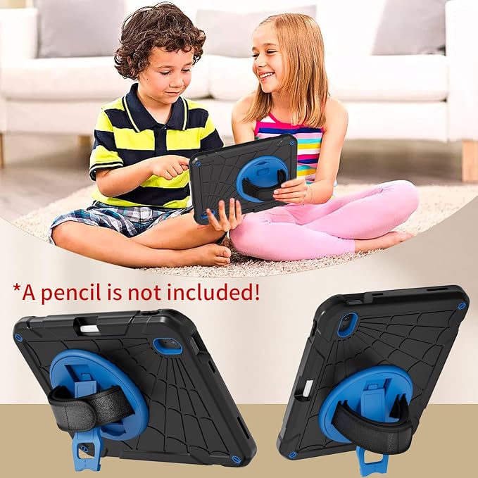 for iPad (A16) 11th/10th Generation Case 2025/2022 (11″/10.9″) Sturdy Heavy Duty Full-Body Shockproof Protective Case Rotating Stand Hand/Shoulder Strap (Black)