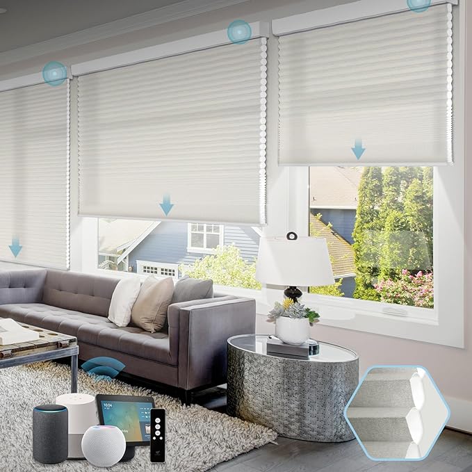 SmartWings Motorized Cellular Shades, Honeycomb Blinds Compatible with Zigbee/Alexa/Z-Wave/Homekit, Wireless Remote Control for Smart Home and Office in Customized Size,70% Blackout White Grey