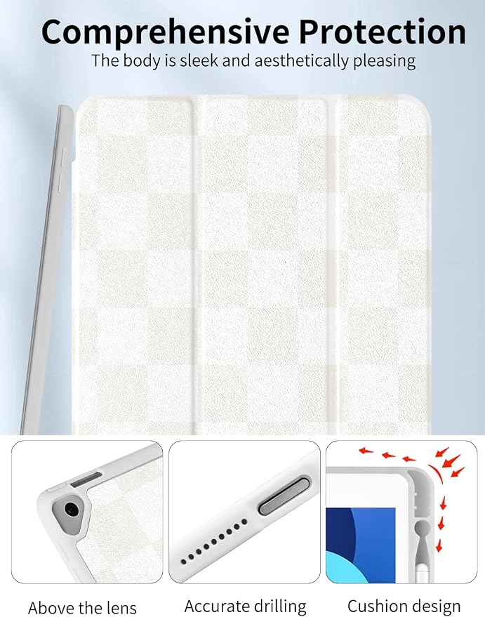 Case for iPad 9th/ 8th/ 7th Generation Case 10.2&amp10.5 Inch (2021/2020/2019 Release) Slim Lightweight Soft Trifold Back Cover with Pencil Holder &amp Auto Sleep/Wake CoverBeige Checkered