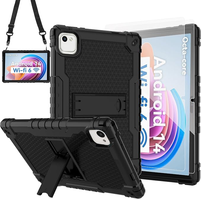 for HNVHNV/Aiprotablet/kelankeke K10 Tablet 10 inch Android Tablets Case Built in Kickstand Heavy Duty Hybrid Protective Case Hard Back Shell Case with Shoulder Strap (Black)