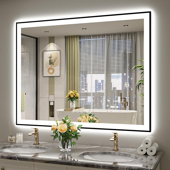 YEELAIT 51x40 Inch LED Bathroom Mirror with Lights (Front Lit and Backlit) Black Framed Lighted Vanity Mirror for Bathroom Wall Dimmable Anti-Fog Memory Tempered Glass Horizontal/Vertical
