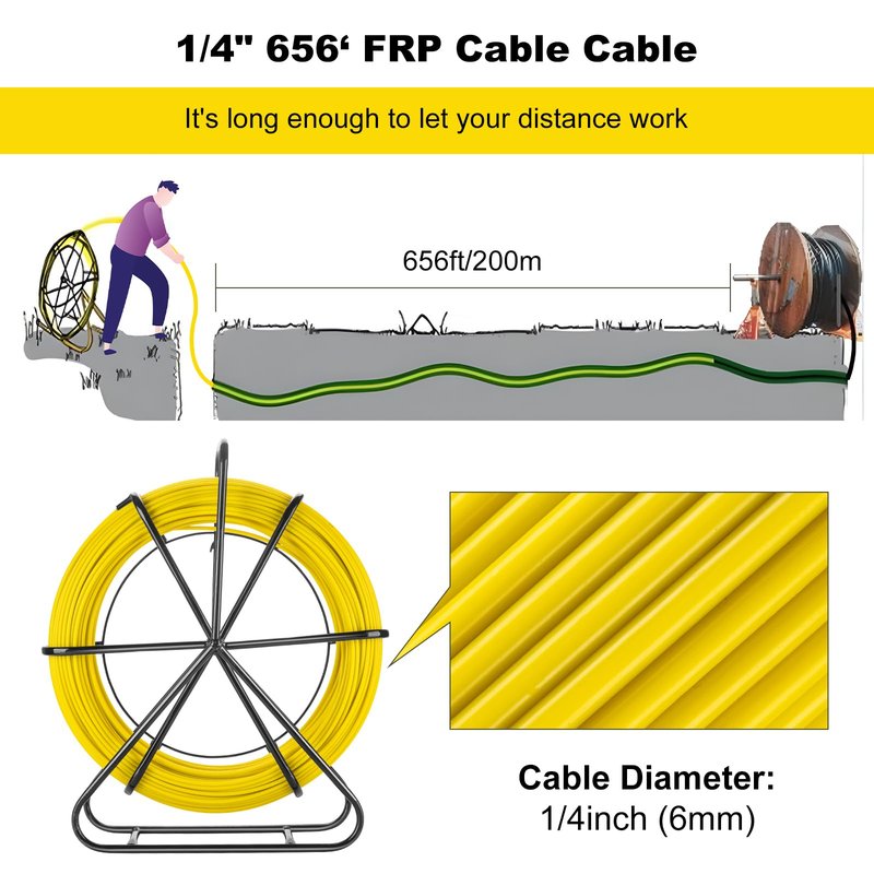 Non-Conductive Fiberglass Fish Tape Duct Rodder, 6mm x 200m (656ft) with Steel Reel Stand, Professional Cable Puller for Electrical Conduit and Wall Installation