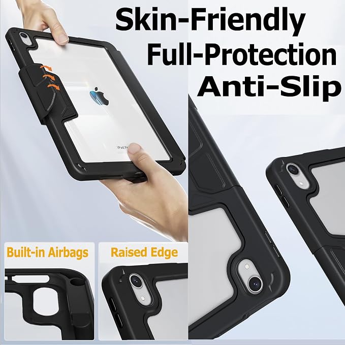 Military Grade Case for iPad (A16) 11 2025 10th Gen 10.9 2022 Black | Pencil Holder Auto Sleep/Wake Multi Angle Magnetic Stand Hard Clear Acrylic Back Shockproof Protective Cover