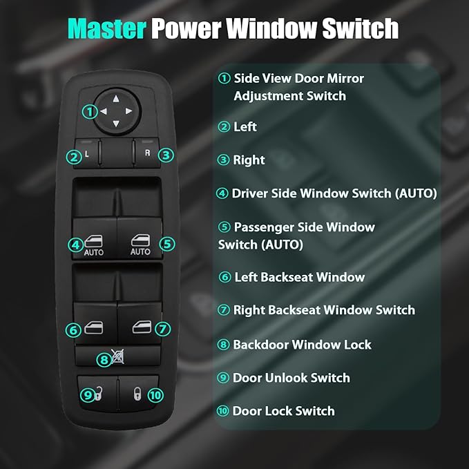 Driver Side Master Power Window Control Switch for 2011–2022 Dodge Durango, for Jeep Grand Cherokee 11 12 13 14 15 16 17 18 19 20 21 22 Door Lock Window Controller Switch 68086693AC 68086693AD