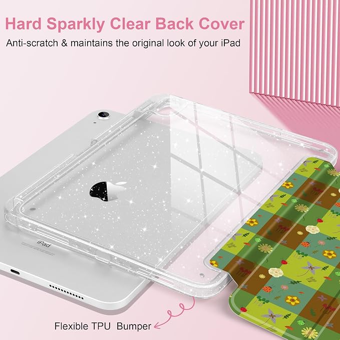 MEEgoodo Case for iPad A16 11th Generation 2025/10th Generation 2022 Glitter Tablet Cases with Transparent Acrylic Back+Trifold Stand +Pencil Holder+Auto Wake/SleepAbstract Sun &amp Palm Tree