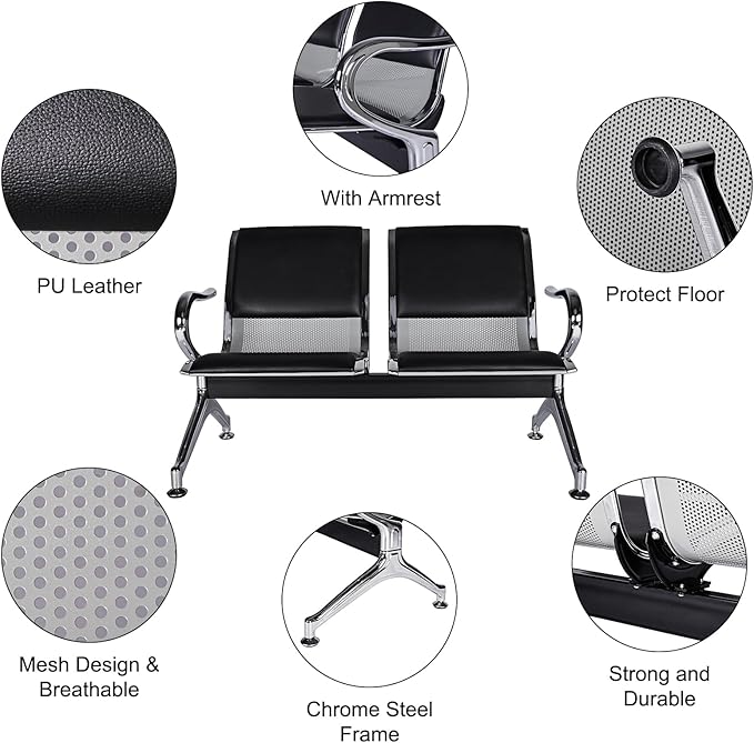 Kinfant Waiting Room Bench Set - 2-Seat PU Leather Waiting Room Chair Office Guest Reception Chair with Armrest, Airport, Hospital, Bank, Salon, Barbershop(Black, Set of 4)