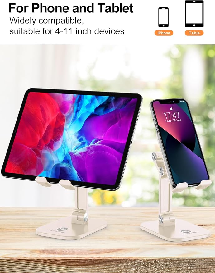 OCYCLONE Phone Stand Adjustable Height and Angle Foldable Cell Phone Stand Holder for Desk Taller iPhone Stand Compatible with 4.7-13 Smartphones iPad Tablet Beige