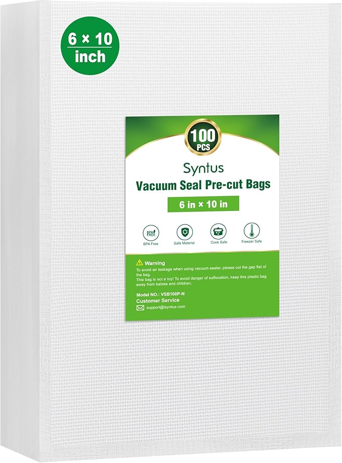 Syntus Vacuum Sealer Bags for Food, 100 Count Pint 6" x 10" Commercial Grade PreCut Bag, BPA Free Food Vac Bags for Storage, Meal Prep or Sous Vide