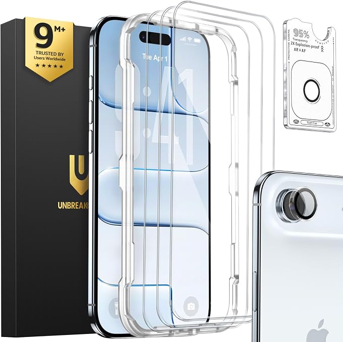UNBREAKcable iPhone 15 Screen Protector 3-Pack Upgraded Dual-Tempered Glass + 3 Camera Lens Protectors Military-Grade 9H Hardness HD Clarity Anti-Fingerprint Case Friendly 6.1 Inch | Upgraded Du