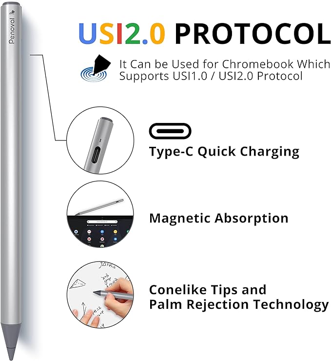 Penoval USI2.0 Stylus Pen for Chromebooks - 4096 Levels Pressure for Lenovo ASUS HP Chrome Devices &amp Google Pixel Tablet | 4096 levels pressure high precision smooth writing active digital pen
