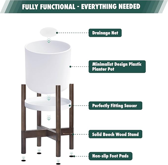 D'vine Dev Planter Pot with Stand - 16 Inch Plastic Cylinder Flower Pot with Wood Planter Holder for Indoor, Matte White Pot + Walnut Color Stand, 55-C-X-1