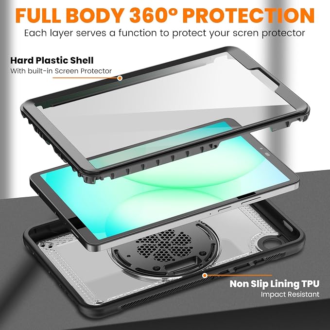 KAIJIAbox Case for Samsung Galaxy Tab A11+ Plus/Tab A9+ Plus 5G 11 Inch | 7 in 1 Protection: Screen Protector Pen Holder 360° Stand Hand Strap Shoulder Strap Drop-Proof Lightweight-Clear