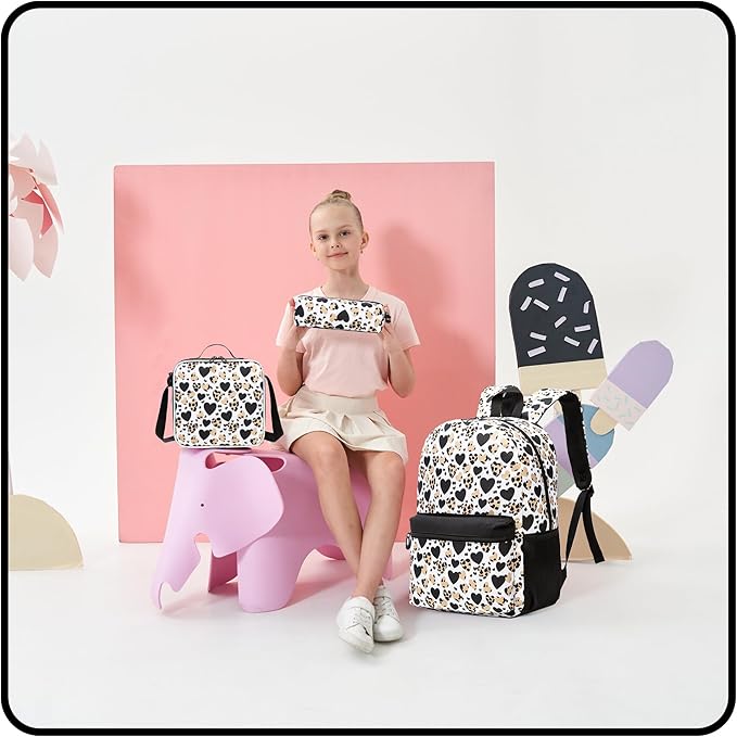 Girls Backpack for School Backpack for Girls 8-10 Kids Backpacks with Lunch Box Leopard Print Schoolbag for Kids