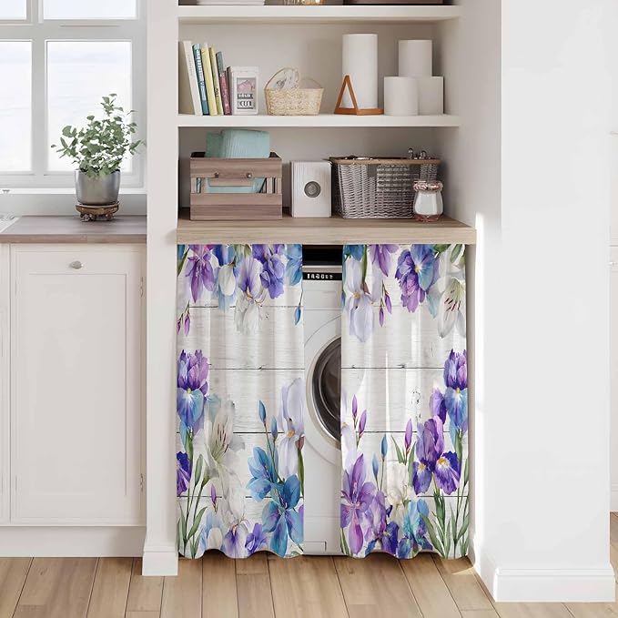 Spring Flowers Kitchen Curtains, Watercolor Garden Florals Wooden Grain Light