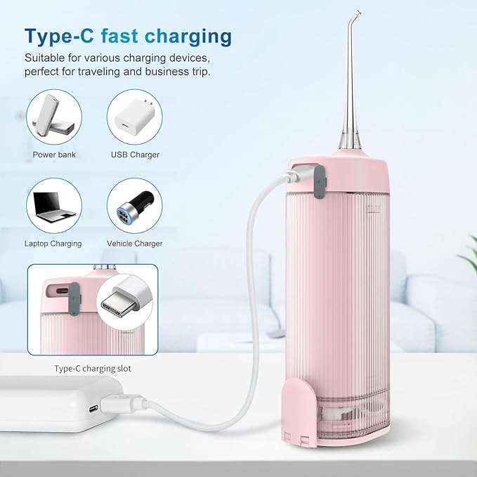 JNGOODS Mini Portable Water Flosser Oral Irrigator Water Teeth Cleaner Pick, Telescopic Water Tank, 4 Modes & IPX7 Waterproof, Home & Travel Water Flossers for Teeth, Braces Bridges Care. (Pink)