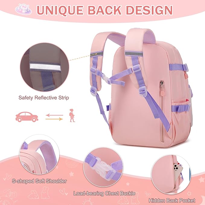 Girls Backpack Set, 3PCS Kids Backpack for Girls, Kawaii Bunny School Backpacks for Girl Kindergarten Elementary Preschool Middle School Bags with Lunch Box Pencil Case Pink
