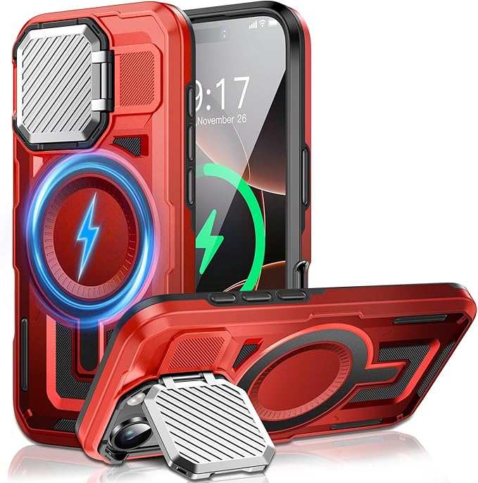 Camera Stand Case for iPhone 16 Pro Max, [Compatible with MagSafe] [Lens Cover] 2024 Version Military Grade Protective Soft Case for iPhone 16 Pro Max 6.9 inch Men Women, Red