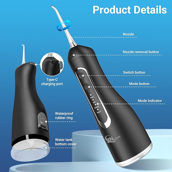 JNGOODS Cordless Water Dental Flosser Oral irrigator,JNGOODS 300ml Rechargeable Water flosser for Teeth IPX7 Waterproof 4 Modes Portable Oral Irrigator with 4 Jet Tips, Travel Home use