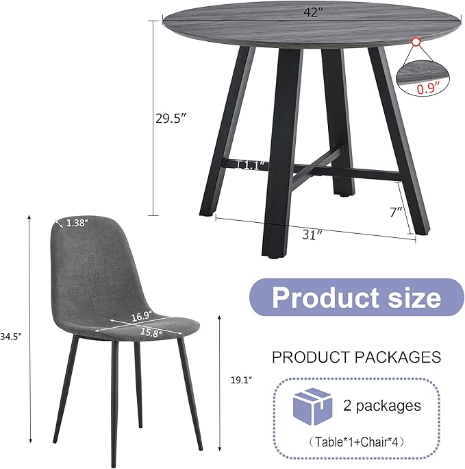 Round Dining Room Table Set for 4,42" Modern Kitchen Table with Chairs,Grey Space-Saving Round Wood Dining Set with Fabric Chairs for Small Kitchen, Office, Cafe