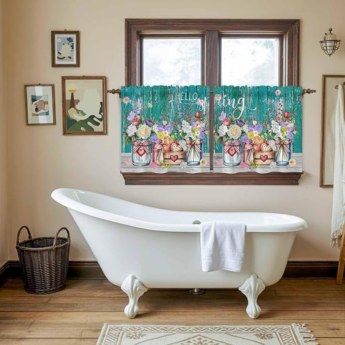 Spring Flowers Tier Curtains, Farmhouse Watercolor Teal Wood Grain Light
