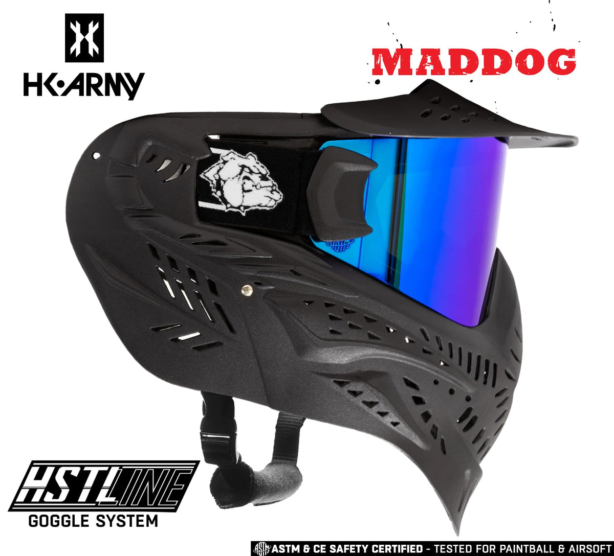 Maddog HK Army HSTL Paintball Airsoft Mask Goggle System | Replaceable Thermal Dual-Pane Anti Fog Lens | Adjustable Full-Face Safety Certified Protection - Black with Ice Lens