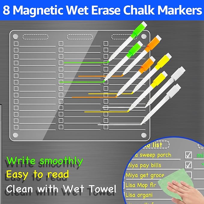 PigPotParty Acrylic Magnetic to Do List WhiteBoard for Refrigerator, 12"x9.5" Clear Dry Erase Checklist White Board, Fridge Grocery List Magnet Pad, Magnetic Chore Chart w/ 8 Markers and 1 Towel