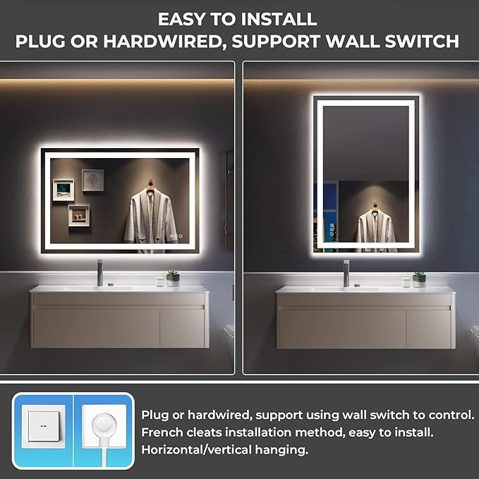 YEELAIT 48x32 Inch LED Bathroom Mirror with Lights Front and Backlit Lighted Vanity Mirror for Bathroom Wall with 3 Colors Dimmable Anti-Fog Memory Shatter-Proof IP54 Waterproof Horizontal/Vertical