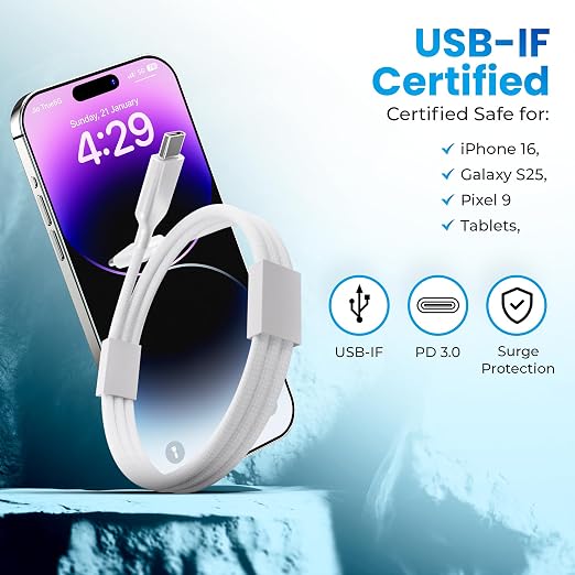 AT&ampT USB-A to USB-C Cable 6ft Braided Nylon – 60W Fast Charging USB-IF Certified 480Mbps Data Transfer – Compatible with iPhone 15/16 Galaxy Pixel Tablets &amp More – Black