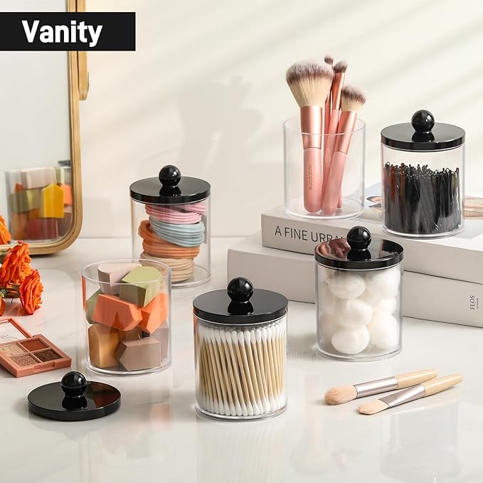 8 Pack Acrylic Qtip Holder Dispenser for Cotton Swabs, Balls, Pads, Floss - Plastic Canister Apothecary Jar Set, Bathroom Essentials Accessories Decor Vanity Makeup Storage Organizer - Clear & Black