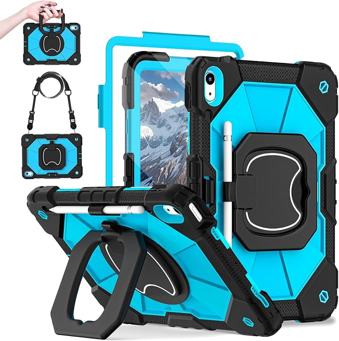 Dteck Case for iPad (A16) 11th Generation 11 2025/10th Gen 10.9 2022: with 2 Replaceable Front Covers Military-Grade Drop-Proof Silicone Cover Built-in Screen Protector Shoulder Strap Blue