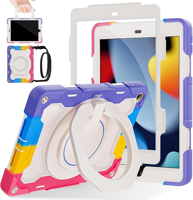 for iPad 9th 8th 7th Generation Case(iPad 10.2 inch) for Kids | 15ft Drop Protection Rugged with 360 Kickstand Handle Shoulder Strap，HD Screen Protector，Shockproof (2021/2020/2019 Release)