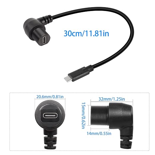 QIANRENON 90 Degree Angle USB C Flush Panel Mount Cable USB Type C 2.0 Female to Male Right Angle Waterproof Extension Cable Threaded to Dashboard or Panel 30cm/11.8 in (UP&ampDown Bend)