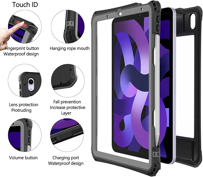 10.2 Waterproof Case Compatible with iPad 9th 8th 7th Generation 2021/2020/2019 Built-in Screen Protector with Strap Stand Pencil Holder Full Body Heavy Duty Protective Shockproof