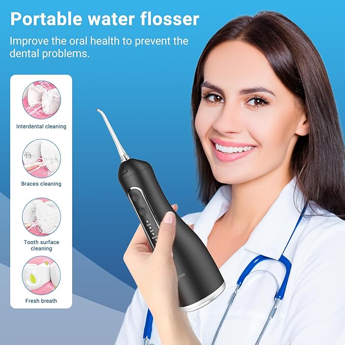 JNGOODS Cordless Water Dental Flosser Oral irrigator,JNGOODS 300ml Rechargeable Water flosser for Teeth IPX7 Waterproof 4 Modes Portable Oral Irrigator with 4 Jet Tips, Travel Home use