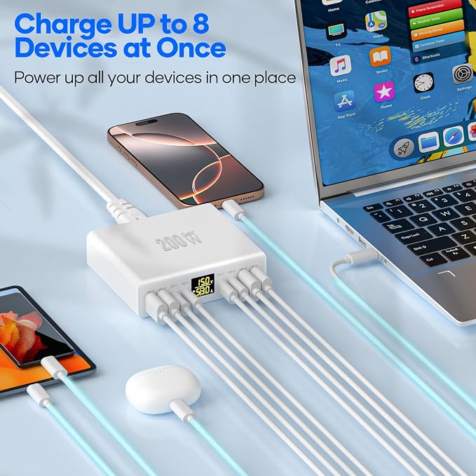 200W USB C Charger 8-Port with LED Display USB Charging Station | GaN Multiport Fast Charger Block PD QC 3.0 PPS USBC Charging Hub Compatible with iPhone Samsung Mac Laptop Pad Matte White