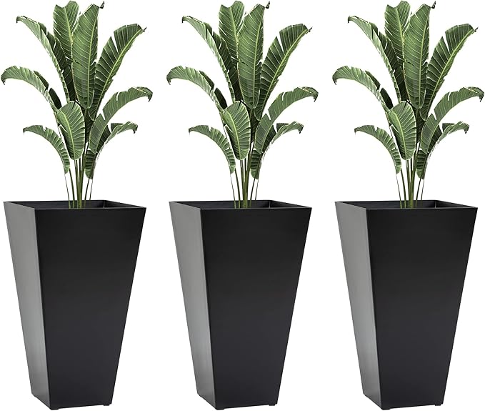 Outsunny Tall Planters for Outdoor Plants Set of 3, 28 in Taper Planters with Drainage Holes, Indoor Grande Plant Pots, Front Porch Decor (Black)